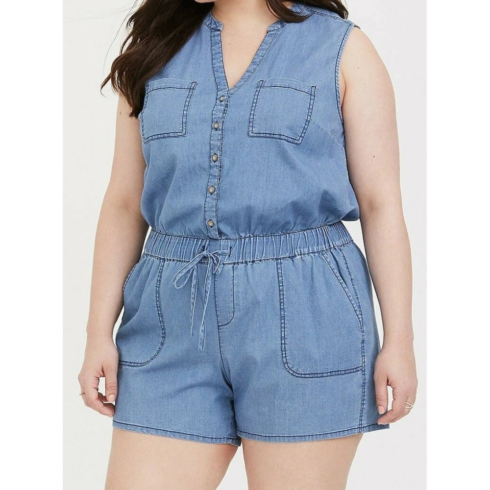 Torrid Denim Sleeveless Romper Womens 0 Blue Button Front Elastic Waist Pocket
